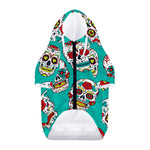 Teal Sugar Skull Pattern Print Dog Zip Up Hoodie