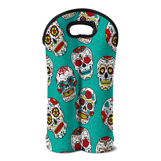 Teal Sugar Skull Pattern Print Double Neoprene Wine Tote