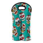 Teal Sugar Skull Pattern Print Double Neoprene Wine Tote