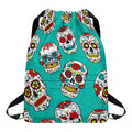 Teal Sugar Skull Pattern Print Drawstring Backpack