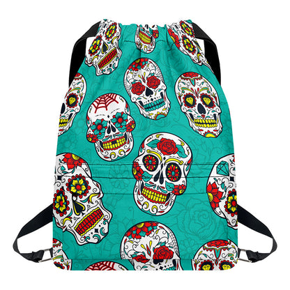 Teal Sugar Skull Pattern Print Drawstring Backpack