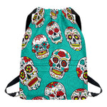Teal Sugar Skull Pattern Print Drawstring Backpack