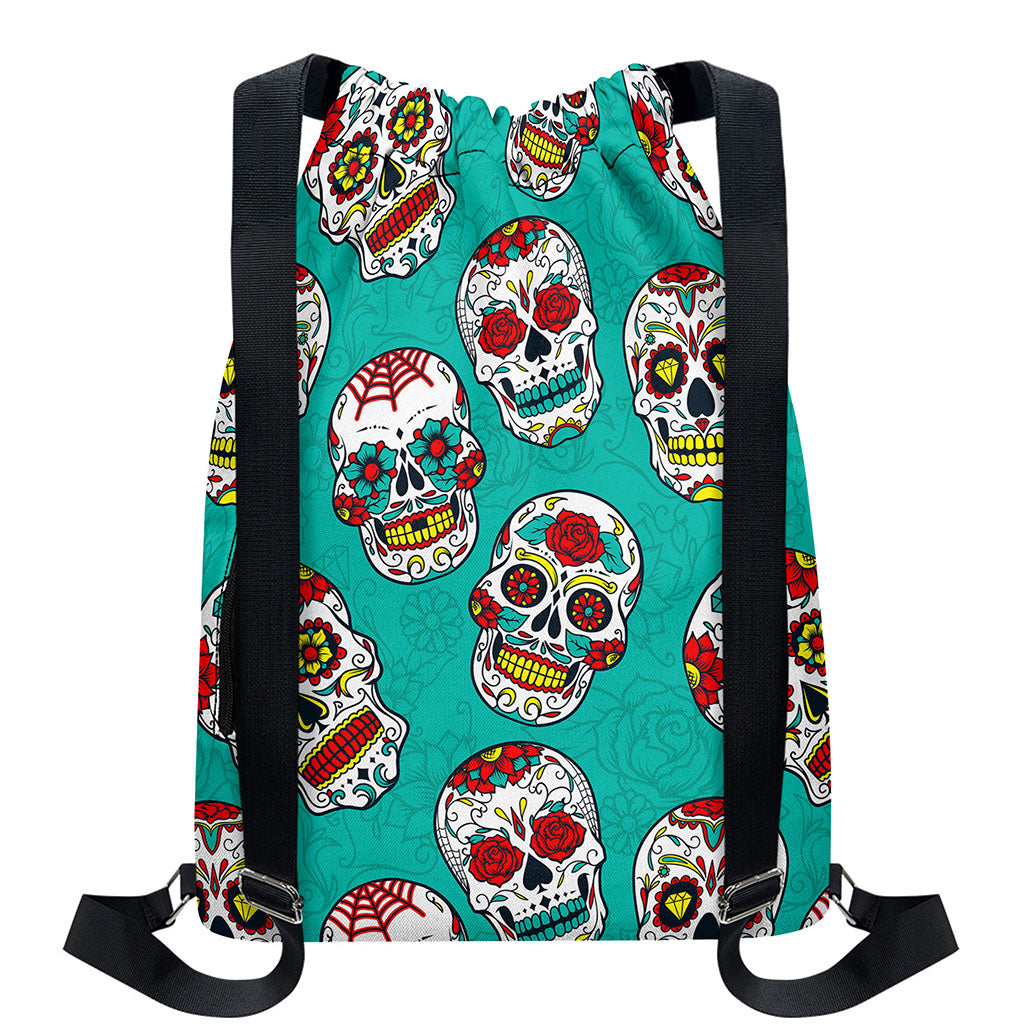Teal Sugar Skull Pattern Print Drawstring Backpack