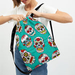 Teal Sugar Skull Pattern Print Drawstring Backpack