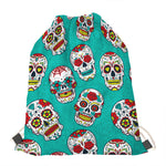 Teal Sugar Skull Pattern Print Drawstring Bag
