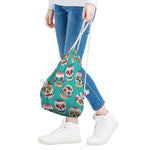 Teal Sugar Skull Pattern Print Drawstring Bag
