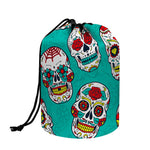 Teal Sugar Skull Pattern Print Drawstring Makeup Bag
