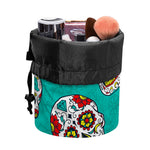 Teal Sugar Skull Pattern Print Drawstring Makeup Bag