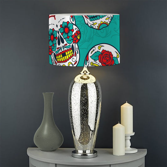 Teal Sugar Skull Pattern Print Drum Lamp Shade