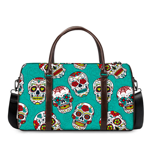 Teal Sugar Skull Pattern Print Duffle Bag