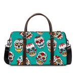 Teal Sugar Skull Pattern Print Duffle Bag