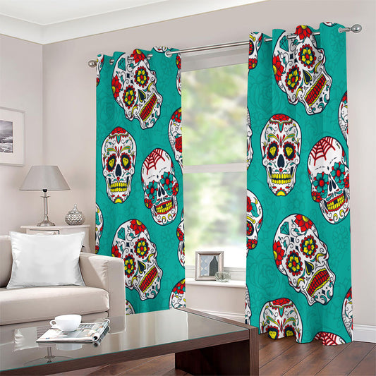 Teal Sugar Skull Pattern Print Extra Wide Grommet Curtains
