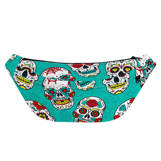Teal Sugar Skull Pattern Print Fanny Pack