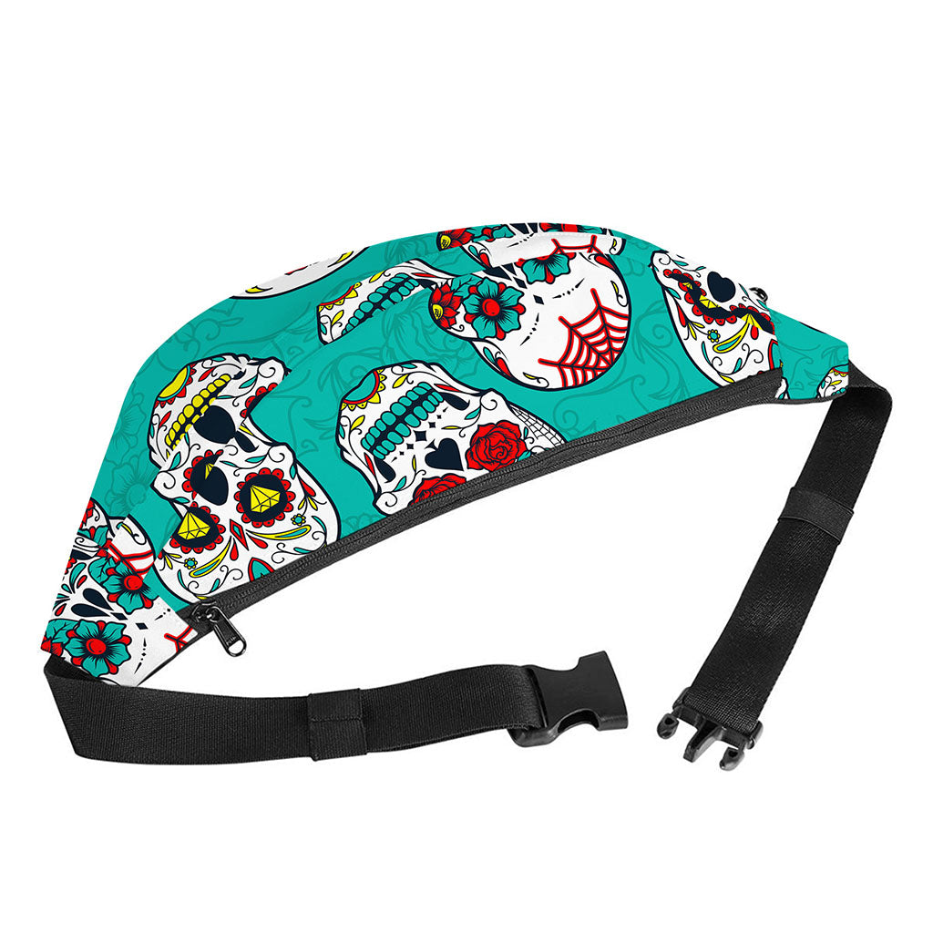 Teal Sugar Skull Pattern Print Fanny Pack