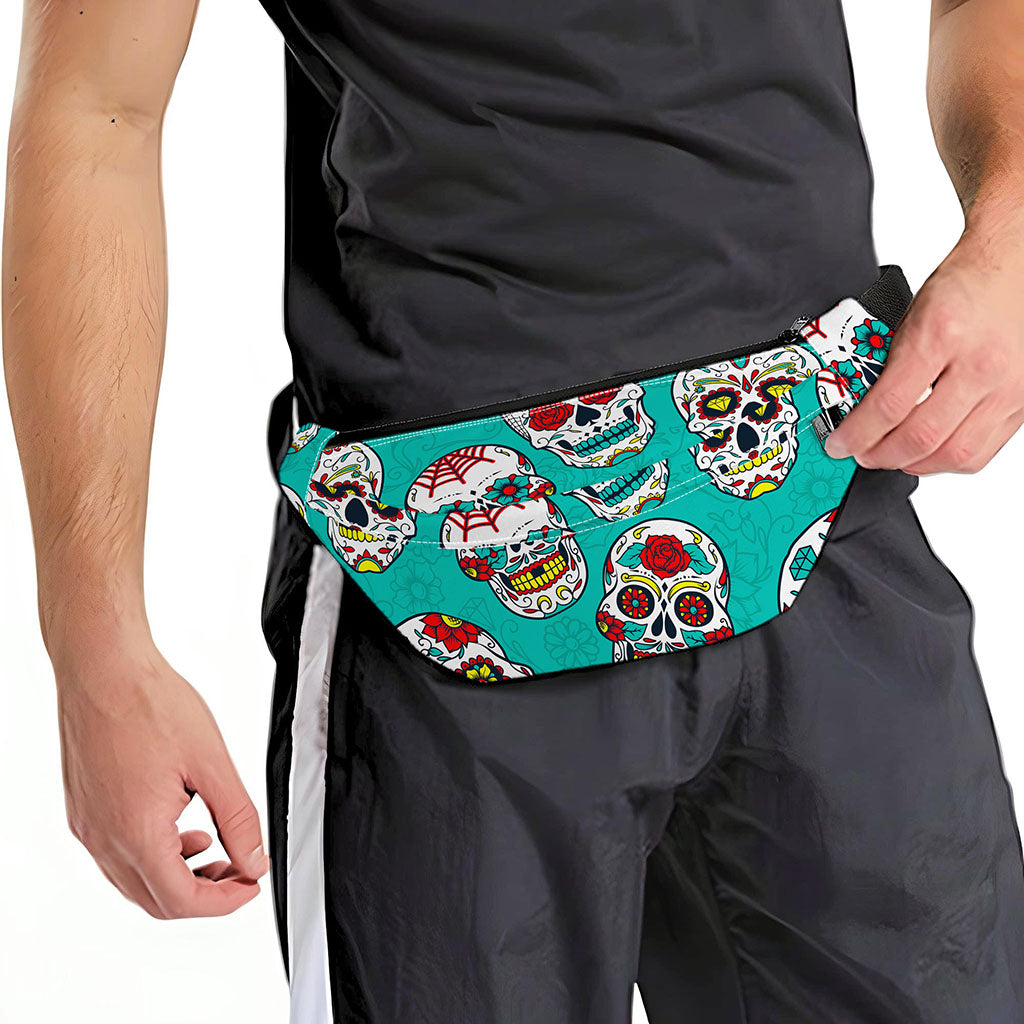 Teal Sugar Skull Pattern Print Fanny Pack