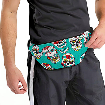 Teal Sugar Skull Pattern Print Fanny Pack