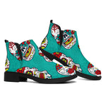 Teal Sugar Skull Pattern Print Flat Ankle Boots