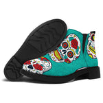 Teal Sugar Skull Pattern Print Flat Ankle Boots
