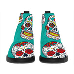 Teal Sugar Skull Pattern Print Flat Ankle Boots