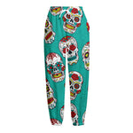 Teal Sugar Skull Pattern Print Fleece Lined Knit Pants