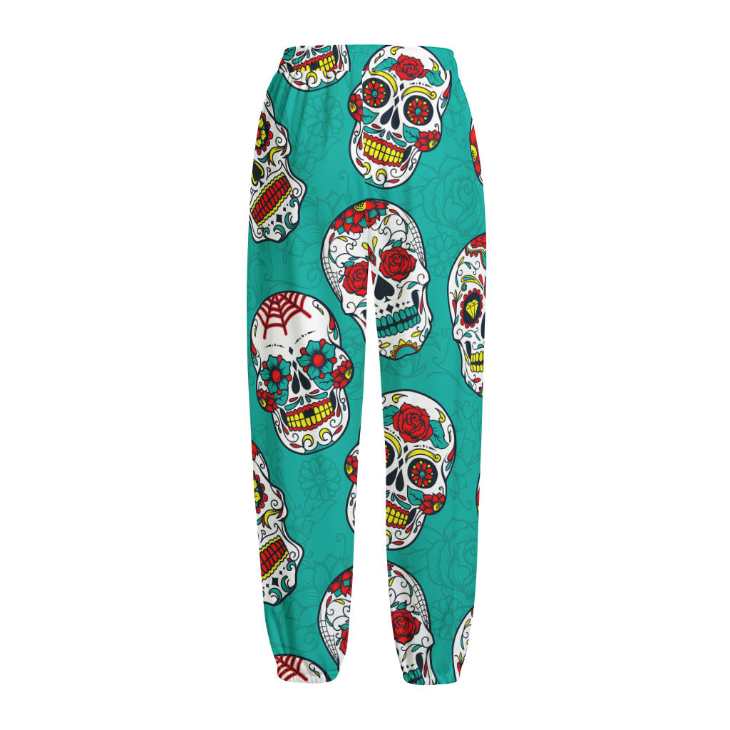 Teal Sugar Skull Pattern Print Fleece Lined Knit Pants