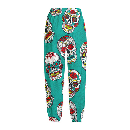 Teal Sugar Skull Pattern Print Fleece Lined Knit Pants