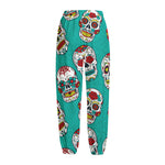 Teal Sugar Skull Pattern Print Fleece Lined Knit Pants