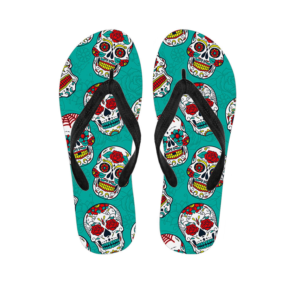 Teal Sugar Skull Pattern Print Flip Flops