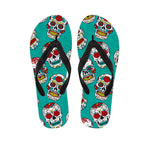Teal Sugar Skull Pattern Print Flip Flops