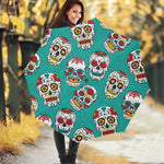 Teal Sugar Skull Pattern Print Foldable Umbrella