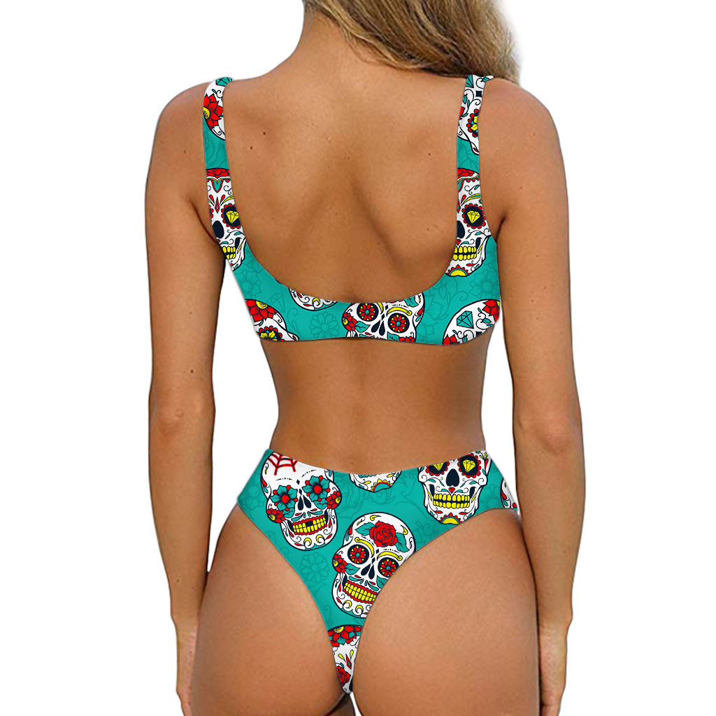 Teal Sugar Skull Pattern Print Front Bow Tie Bikini