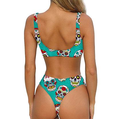 Teal Sugar Skull Pattern Print Front Bow Tie Bikini