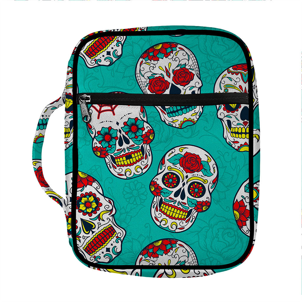 Teal Sugar Skull Pattern Print Front Pocket Bible Bag