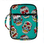 Teal Sugar Skull Pattern Print Front Pocket Bible Bag