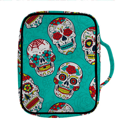 Teal Sugar Skull Pattern Print Front Pocket Bible Bag