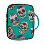 Teal Sugar Skull Pattern Print Front Pocket Bible Bag