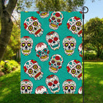 Teal Sugar Skull Pattern Print Garden Flag