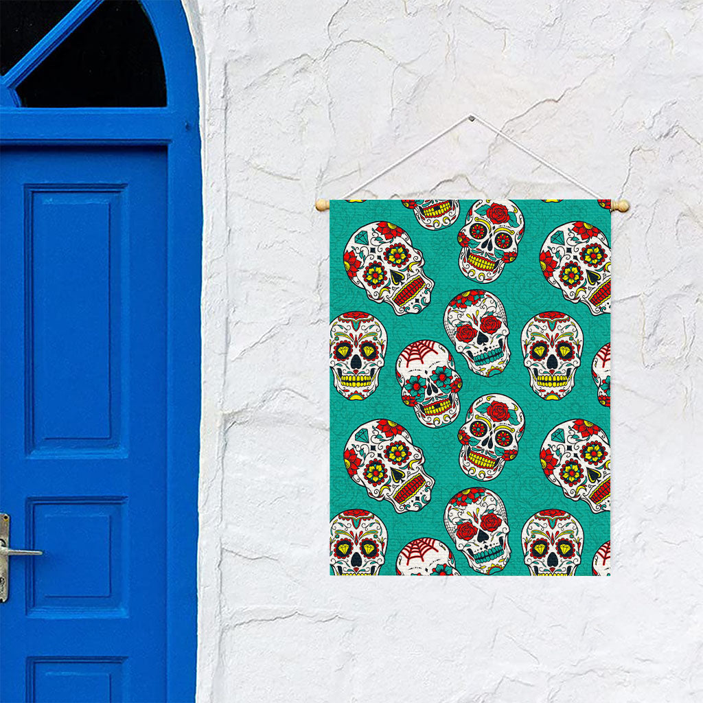 Teal Sugar Skull Pattern Print Garden Flag