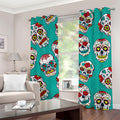 Teal Sugar Skull Pattern Print Grommet Curtains