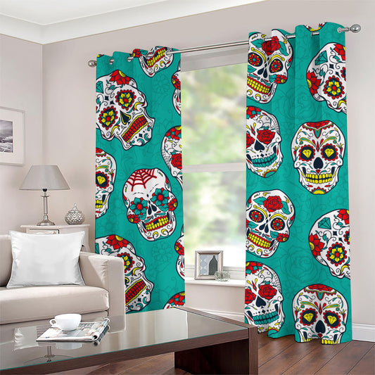 Teal Sugar Skull Pattern Print Grommet Curtains