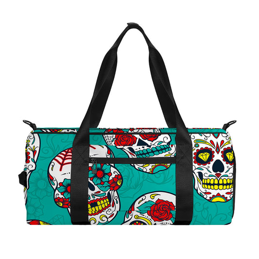 Teal Sugar Skull Pattern Print Gym Bag