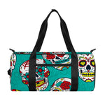 Teal Sugar Skull Pattern Print Gym Bag
