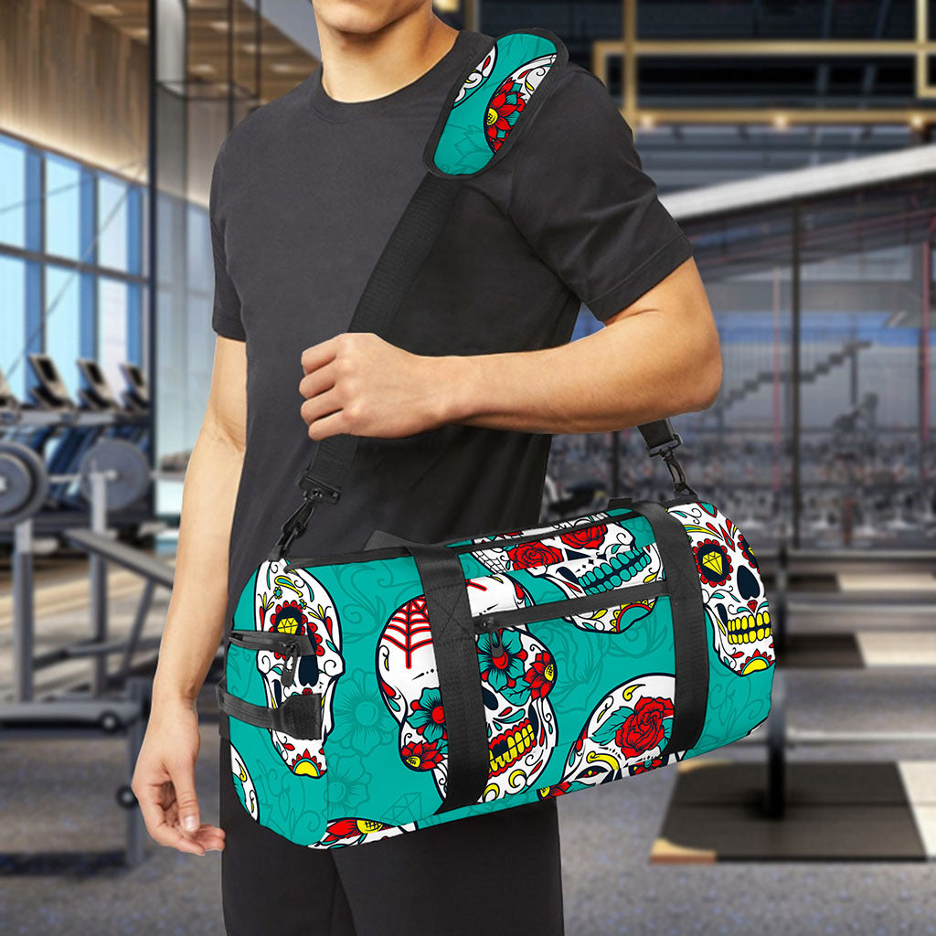 Teal Sugar Skull Pattern Print Gym Bag