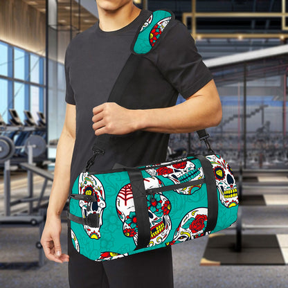 Teal Sugar Skull Pattern Print Gym Bag