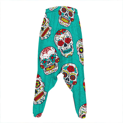 Teal Sugar Skull Pattern Print Hammer Pants