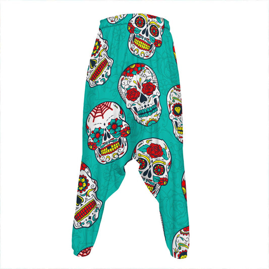 Teal Sugar Skull Pattern Print Hammer Pants