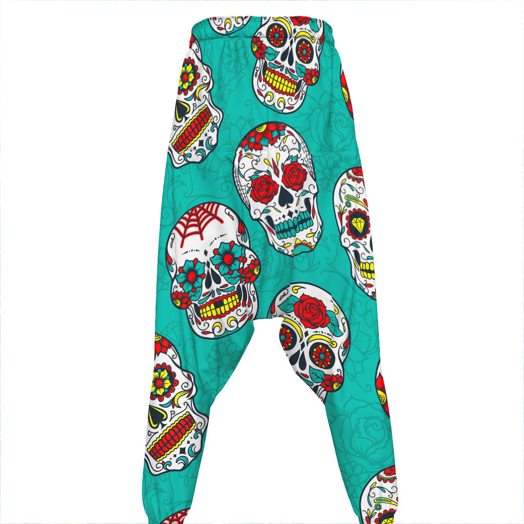 Teal Sugar Skull Pattern Print Hammer Pants