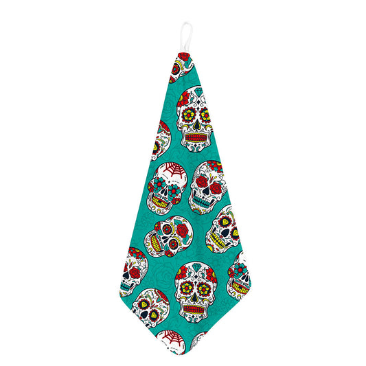 Teal Sugar Skull Pattern Print Hand Towel