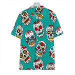 Teal Sugar Skull Pattern Print Hawaiian Shirt