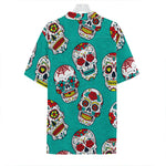 Teal Sugar Skull Pattern Print Hawaiian Shirt